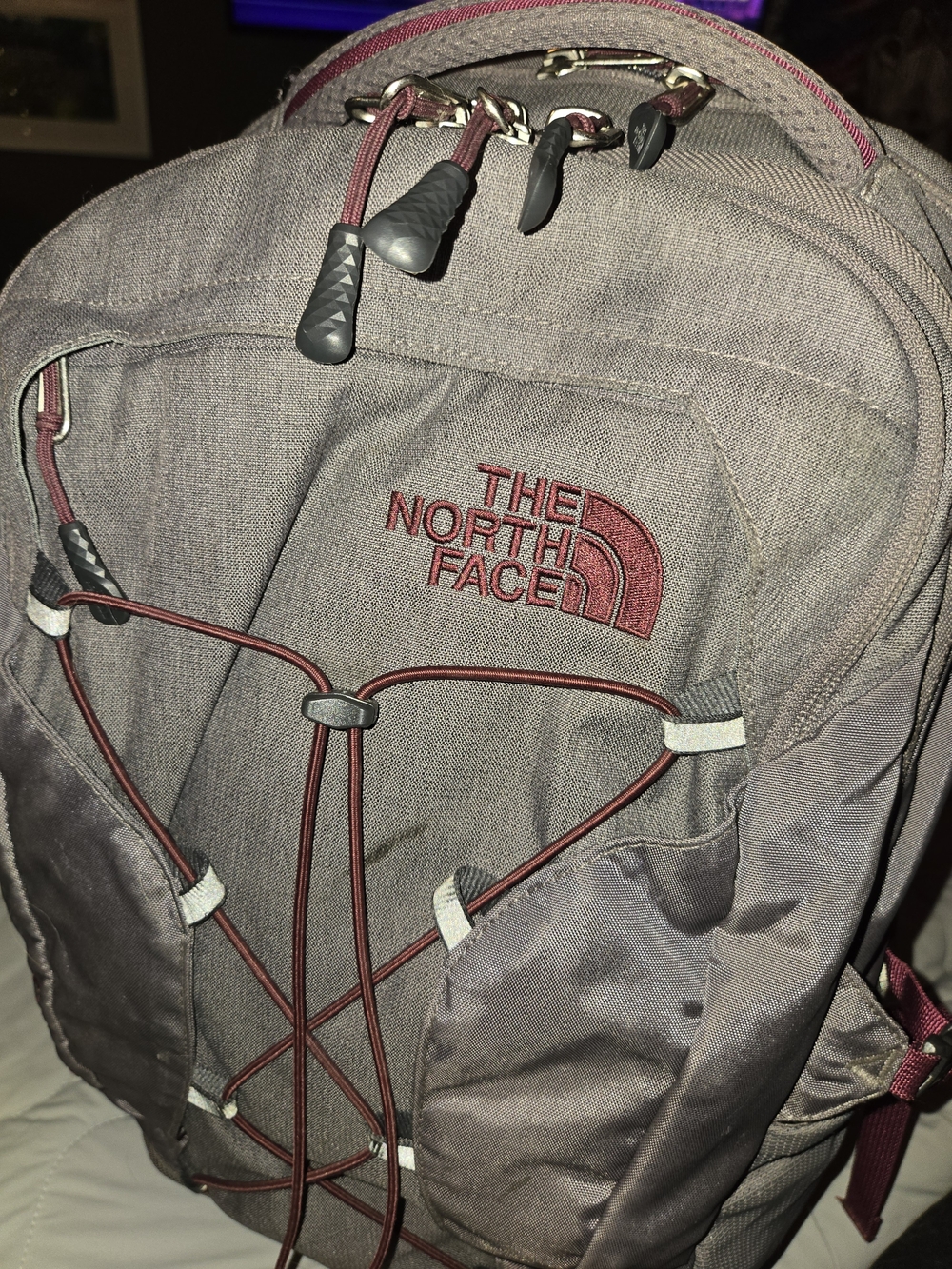The North Face Backpack, Gray w Maroon Accents. Great Condition- Very Minor Wear